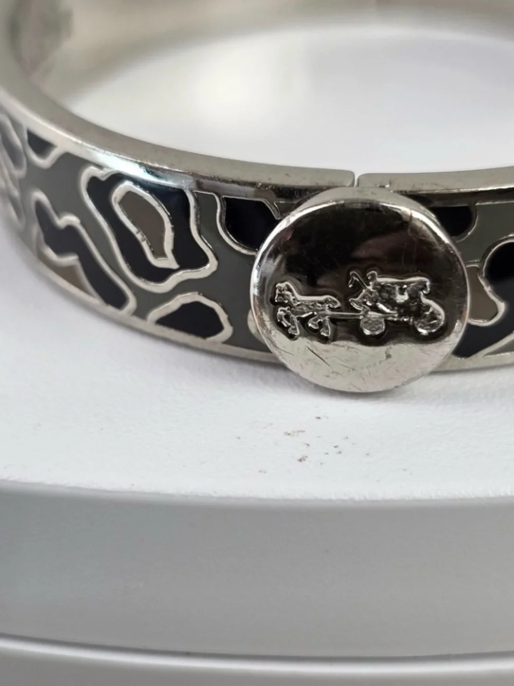 Coach Leopard Print Hinged Bangle Bracelet Silver Tone Black Grey Enamel Logo